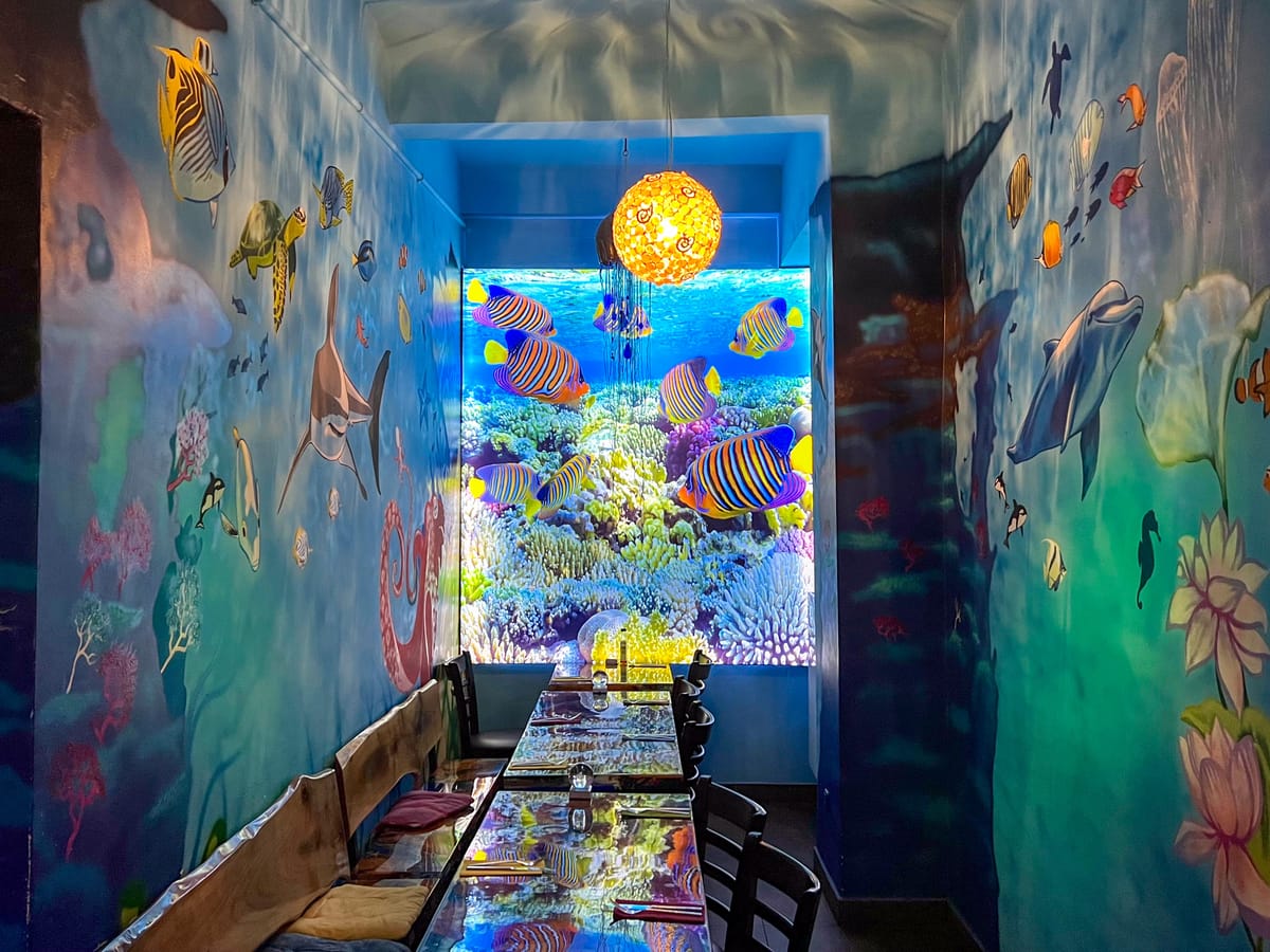 Wandbild mit Riff und Fischen im blauen Licht am Tresen